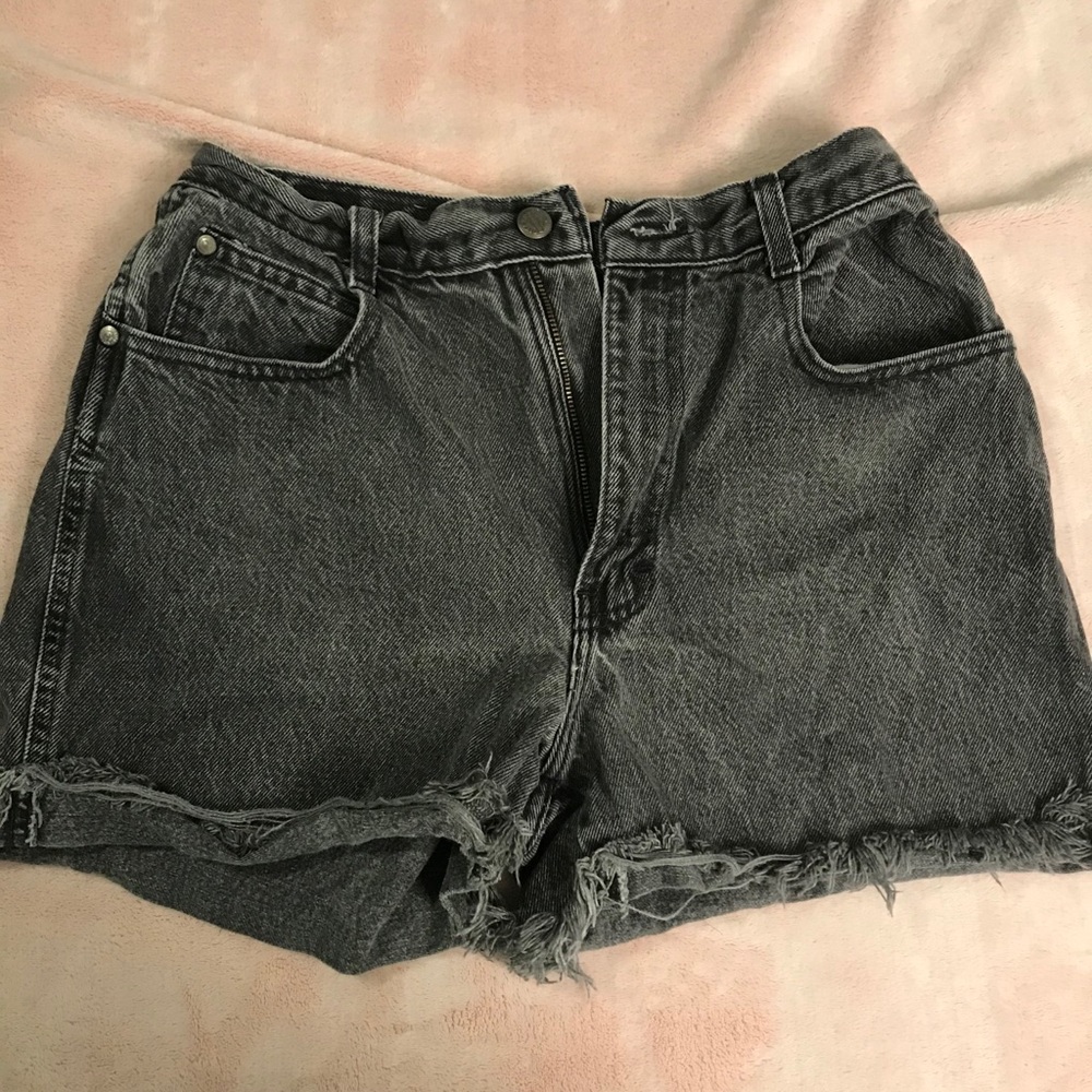 Distressed black denim shorts